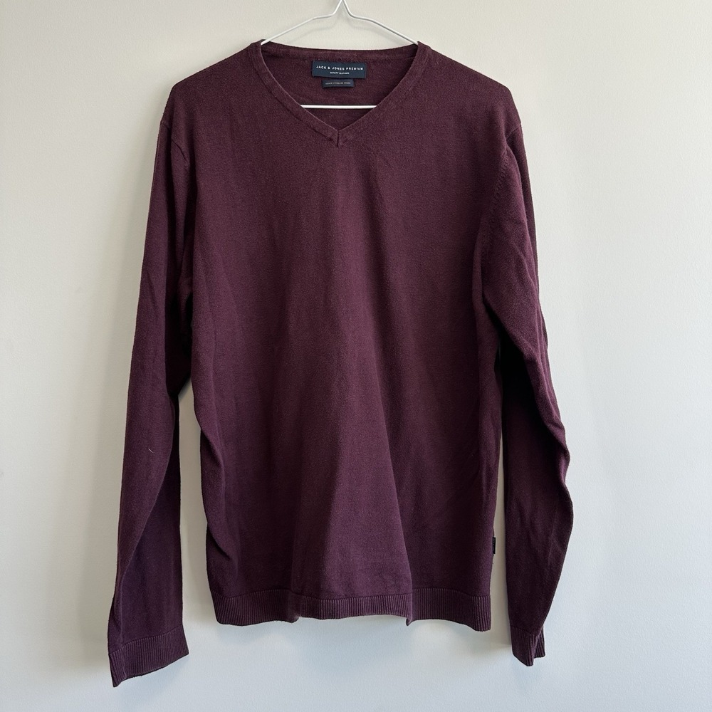 Jack & Jones Premium Plain Red Long Sleeve T-Shirt Scoop V Neck Mens Large